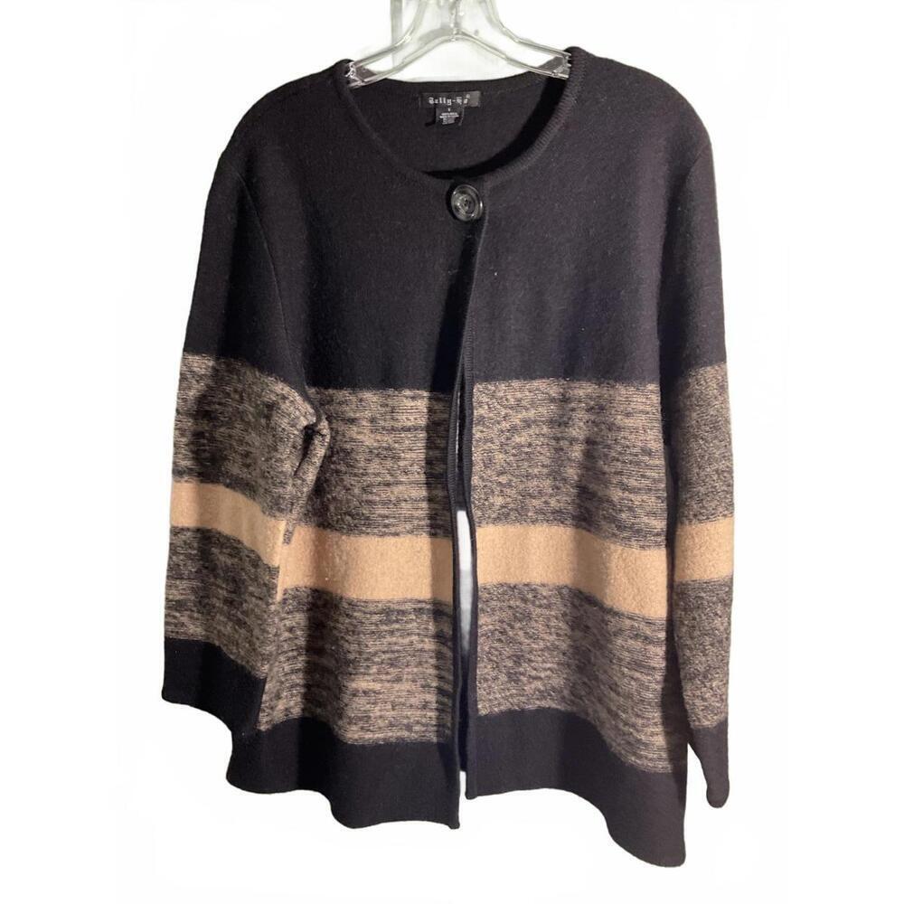 Tally Ho Vintage Wool Cozy Black and Tan Striped Cardigan Sweater Large